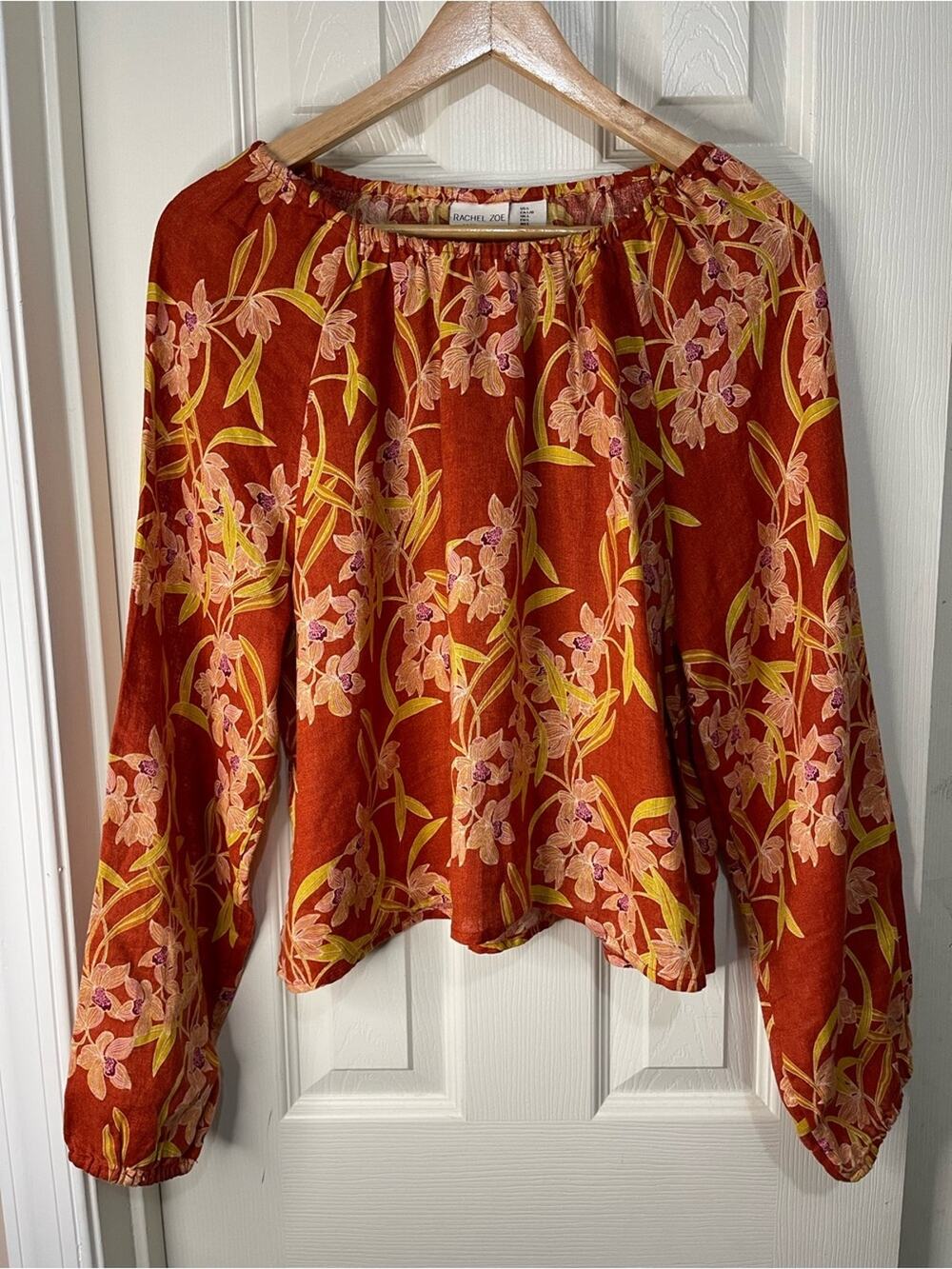 Rachel Zoe Orange Floral 100% Linen Boho Resort Long Sleeve Top size Large